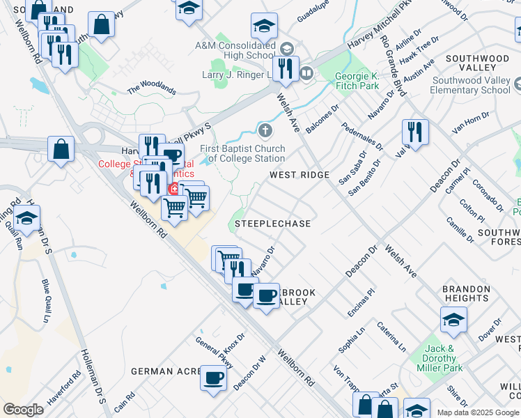 map of restaurants, bars, coffee shops, grocery stores, and more near 2303 Pronghorn Lane in College Station