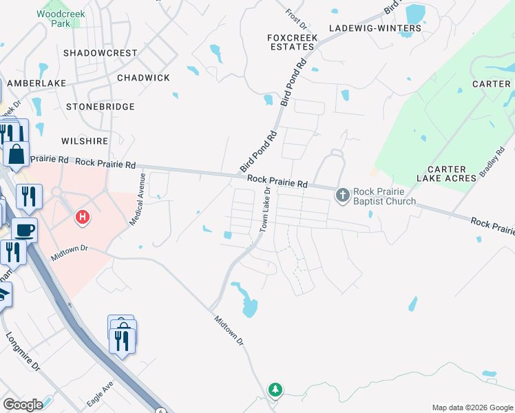 map of restaurants, bars, coffee shops, grocery stores, and more near Town Lake Drive in College Station