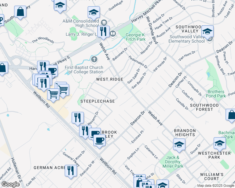 map of restaurants, bars, coffee shops, grocery stores, and more near 2411 Pintail Loop in College Station