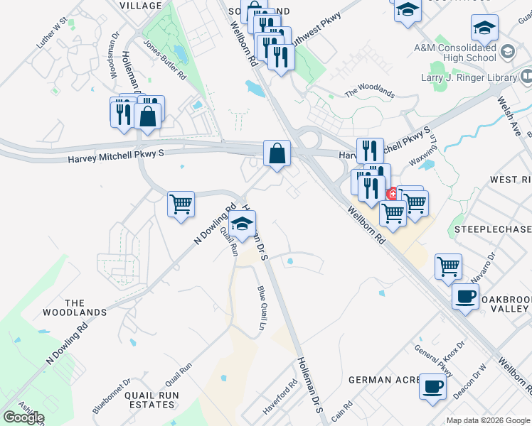 map of restaurants, bars, coffee shops, grocery stores, and more near 103 North Dowling Road in College Station