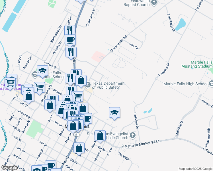 map of restaurants, bars, coffee shops, grocery stores, and more near 705 Claremont Parkway in Marble Falls