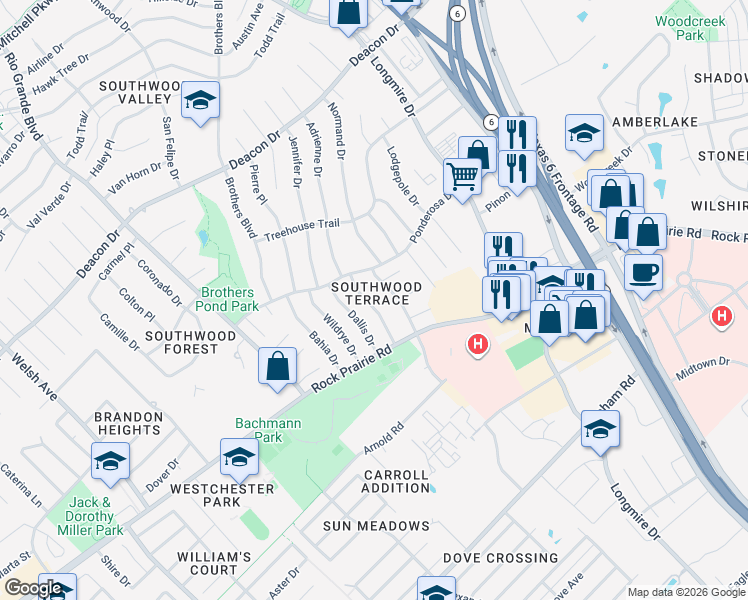 map of restaurants, bars, coffee shops, grocery stores, and more near 3303 Coastal Drive in College Station