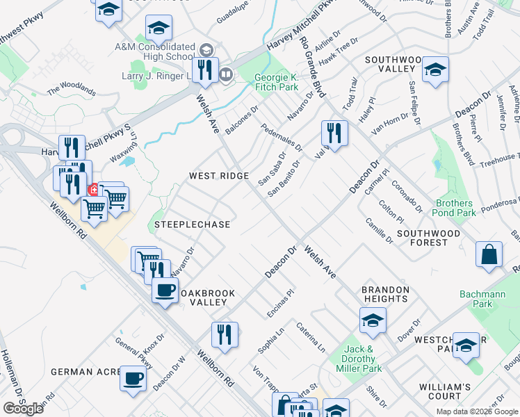 map of restaurants, bars, coffee shops, grocery stores, and more near 645 San Mario Court in College Station