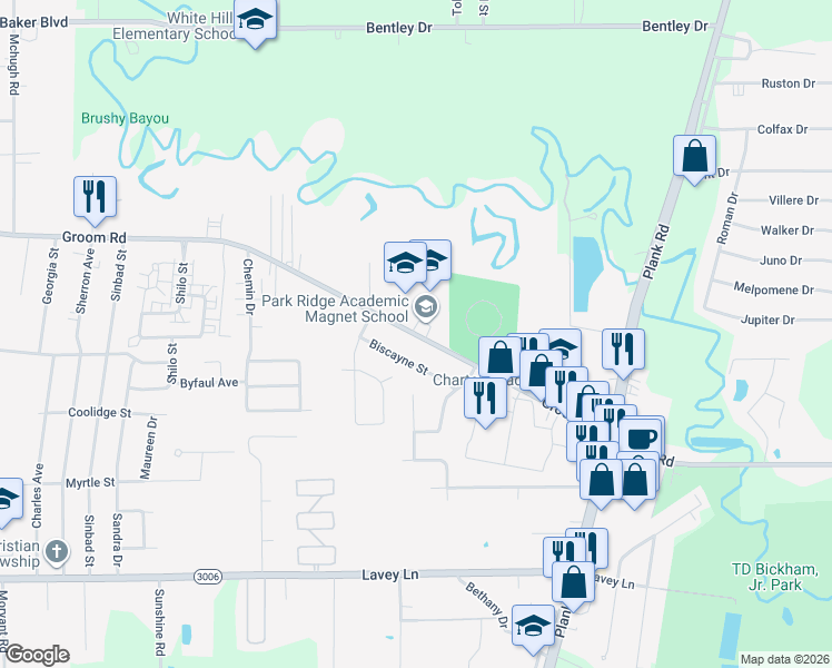 map of restaurants, bars, coffee shops, grocery stores, and more near 6009 Groom Road in Baker
