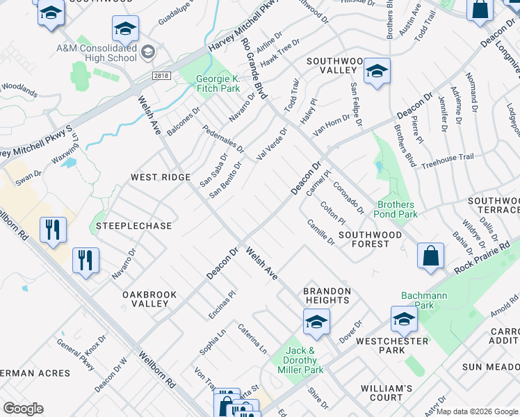 map of restaurants, bars, coffee shops, grocery stores, and more near 2808 Arroyo Ct N in College Station