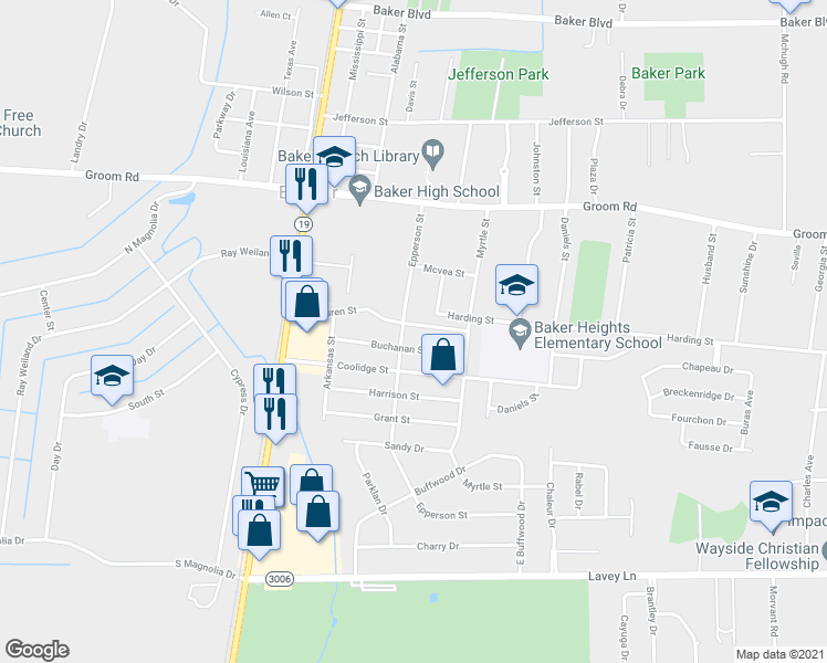 map of restaurants, bars, coffee shops, grocery stores, and more near 3524 Van Buren Street in Baker