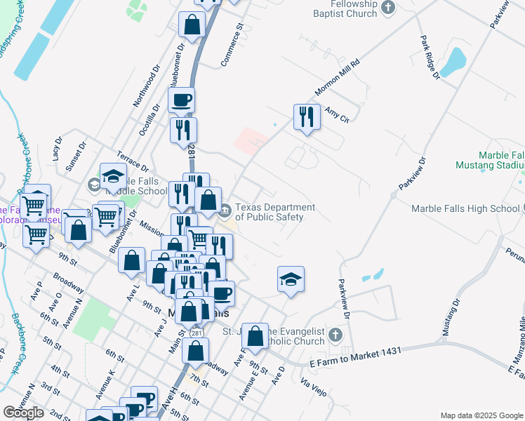 map of restaurants, bars, coffee shops, grocery stores, and more near 718 Claremont Parkway in Marble Falls