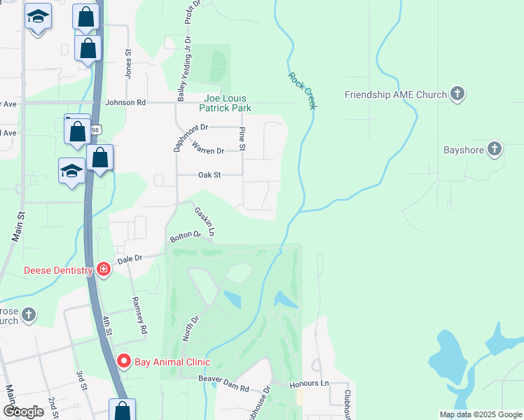 map of restaurants, bars, coffee shops, grocery stores, and more near Pine Street South in Daphne
