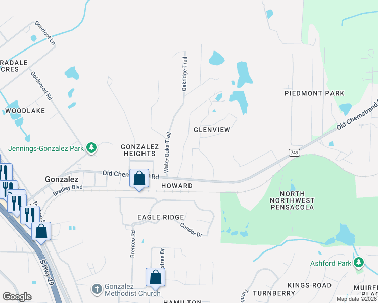 map of restaurants, bars, coffee shops, grocery stores, and more near 2018 Gren Mill Court in Gonzalez