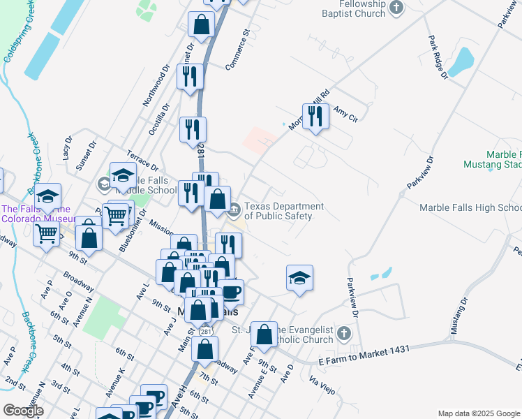 map of restaurants, bars, coffee shops, grocery stores, and more near 720 Claremont Parkway in Marble Falls