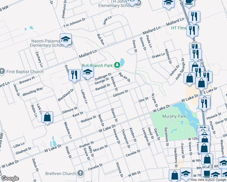 map of restaurants, bars, coffee shops, grocery stores, and more near 903 Kirk Street in Taylor