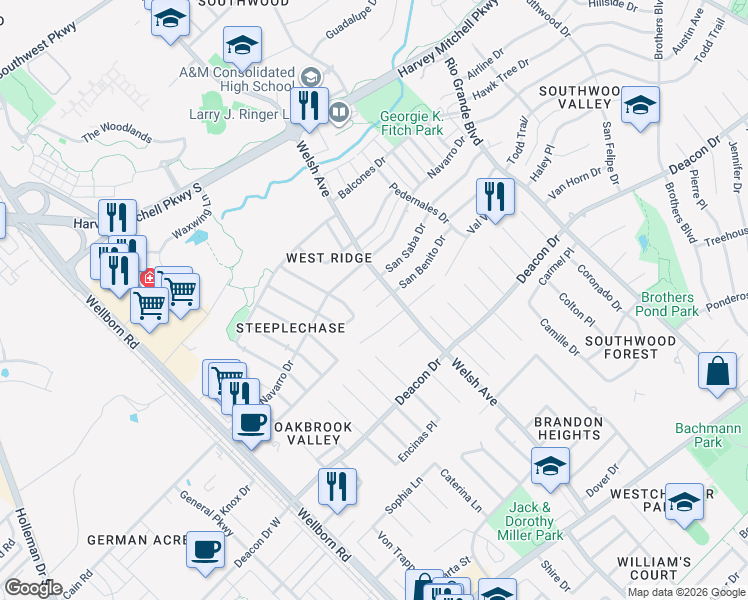 map of restaurants, bars, coffee shops, grocery stores, and more near 607 San Benito Court in College Station