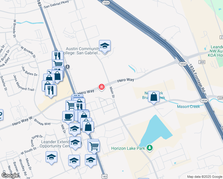 map of restaurants, bars, coffee shops, grocery stores, and more near 245 Prairie Chapel Drive in Leander