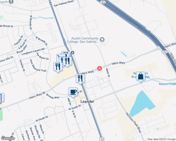 map of restaurants, bars, coffee shops, grocery stores, and more near 3336 Hero Way in Leander