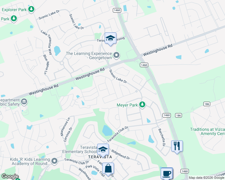 map of restaurants, bars, coffee shops, grocery stores, and more near 401 Briar Park Drive in Georgetown