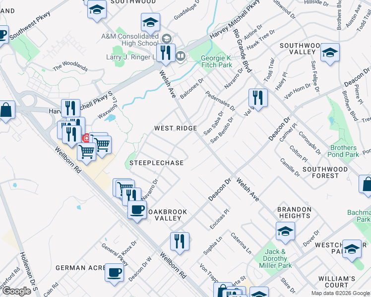 map of restaurants, bars, coffee shops, grocery stores, and more near 603 San Benito Court in College Station