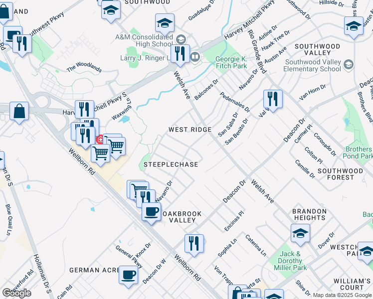 map of restaurants, bars, coffee shops, grocery stores, and more near 2338 Pintail Lane in College Station