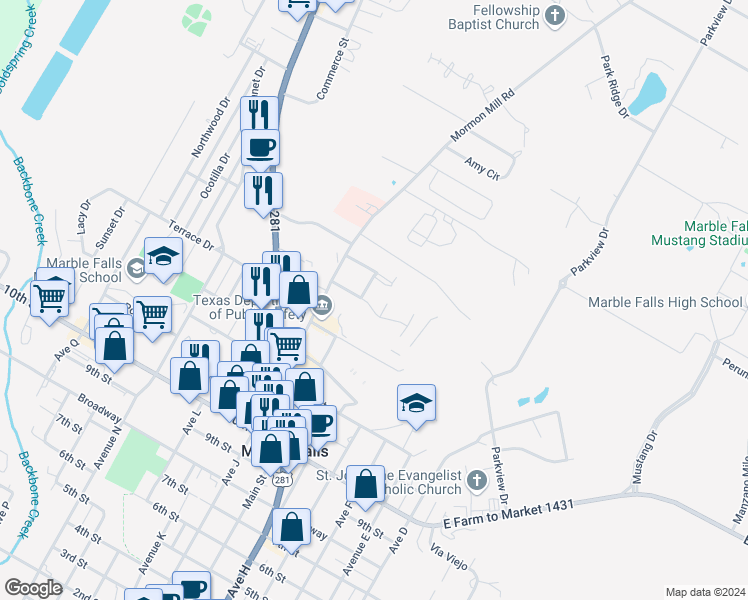 map of restaurants, bars, coffee shops, grocery stores, and more near 718 Claremont Parkway in Marble Falls