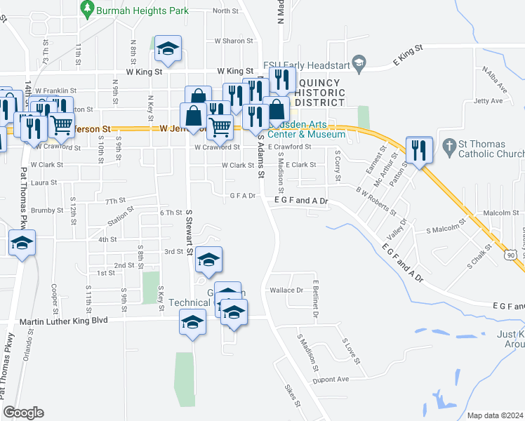 map of restaurants, bars, coffee shops, grocery stores, and more near 400 South Adams Street in Quincy