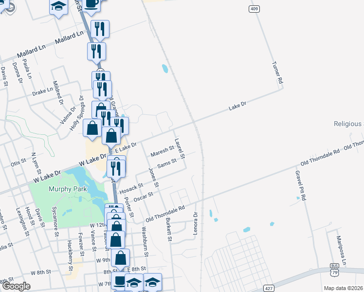 map of restaurants, bars, coffee shops, grocery stores, and more near 1612 Laurel Street in Taylor