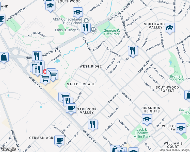 map of restaurants, bars, coffee shops, grocery stores, and more near 603 San Benito Court in College Station