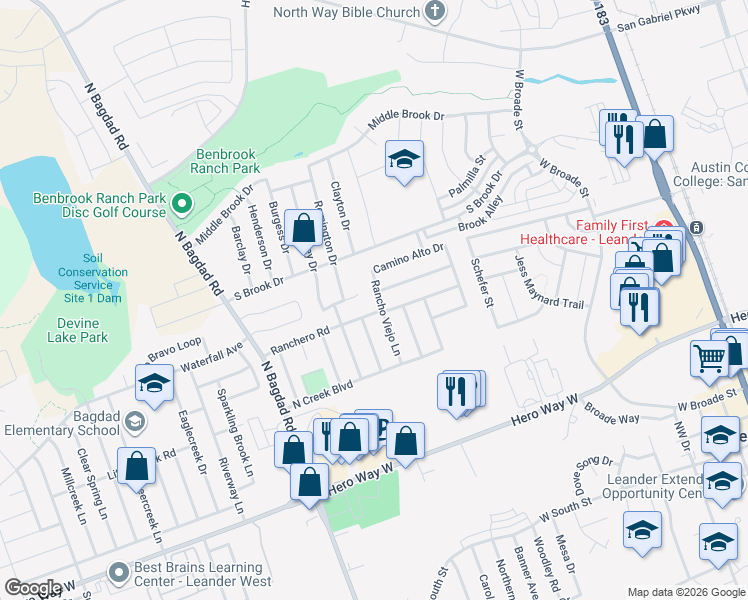 map of restaurants, bars, coffee shops, grocery stores, and more near 901 Rancho Viejo Lane in Leander