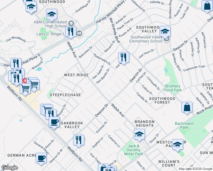map of restaurants, bars, coffee shops, grocery stores, and more near 2803 Pueblo Court North in College Station