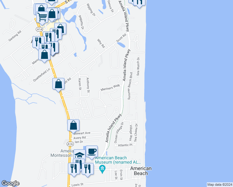 map of restaurants, bars, coffee shops, grocery stores, and more near 1795 Jackson Court in Fernandina Beach