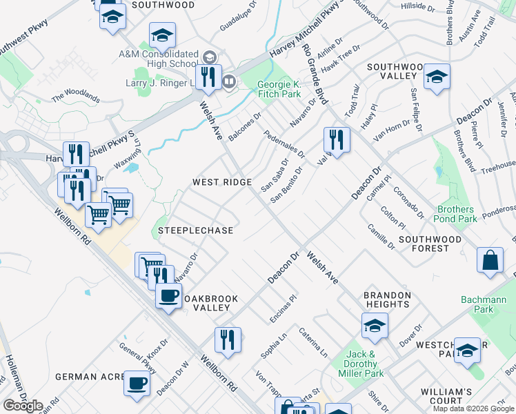 map of restaurants, bars, coffee shops, grocery stores, and more near 645 San Mario Court in College Station