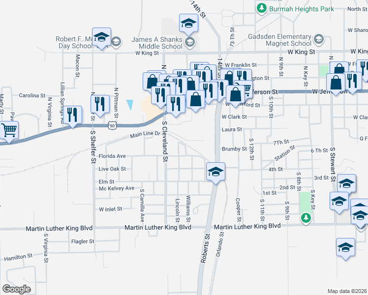 map of restaurants, bars, coffee shops, grocery stores, and more near 1406 Florida Avenue in Quincy