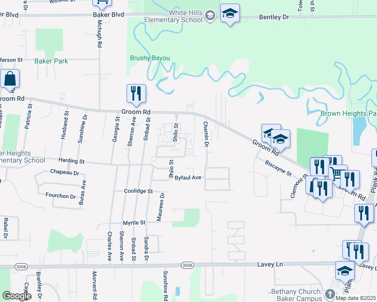 map of restaurants, bars, coffee shops, grocery stores, and more near 839 Chemin Drive in Baker