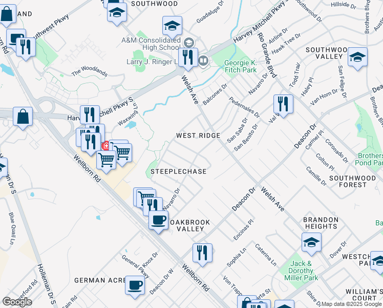 map of restaurants, bars, coffee shops, grocery stores, and more near 2338 Pintail Lane in College Station