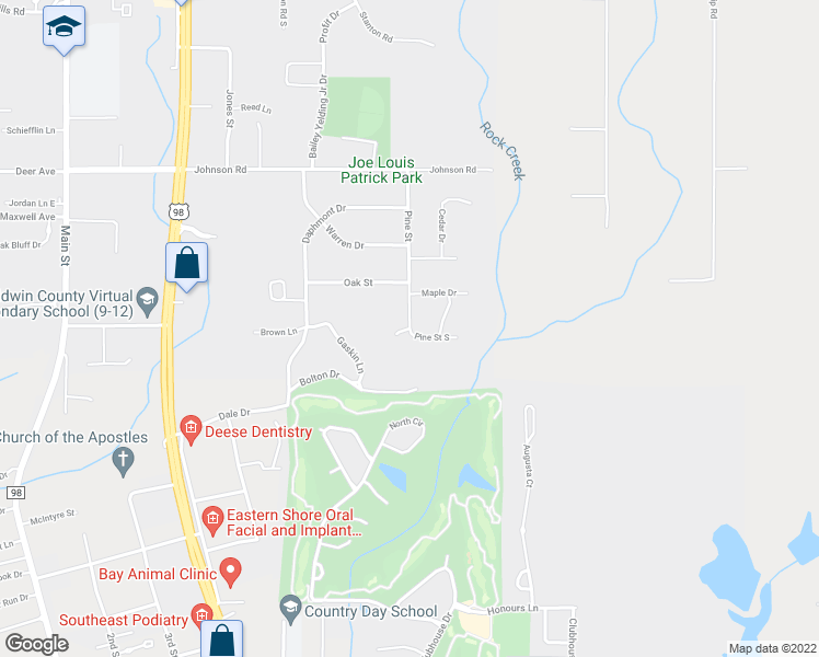 map of restaurants, bars, coffee shops, grocery stores, and more near Pine Street South in Daphne