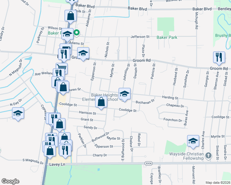 map of restaurants, bars, coffee shops, grocery stores, and more near 3750 Harding Street in Baker