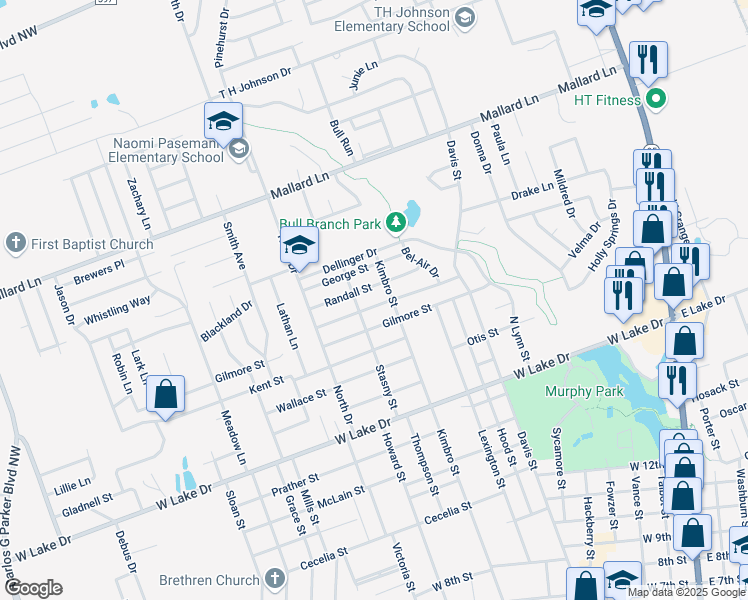 map of restaurants, bars, coffee shops, grocery stores, and more near 903 Kirk Street in Taylor
