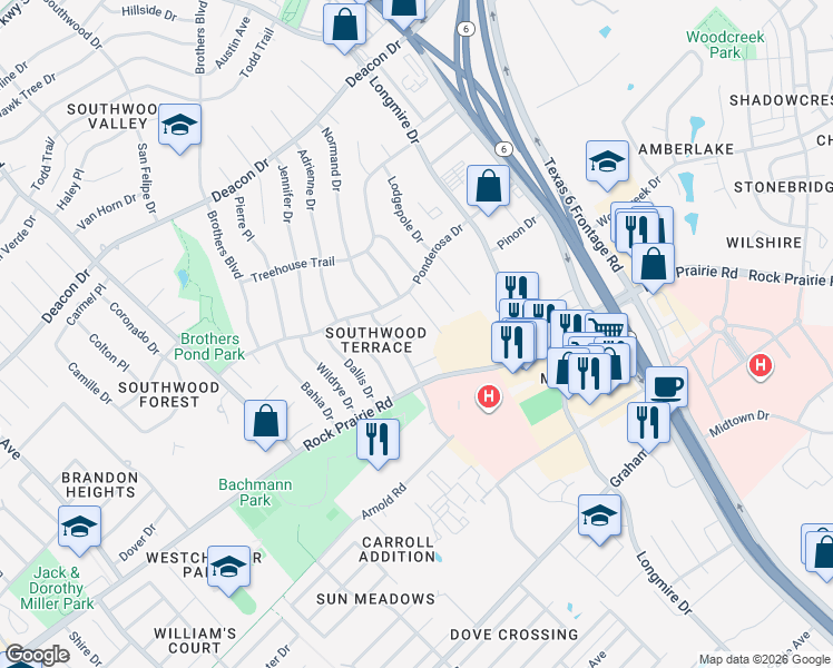 map of restaurants, bars, coffee shops, grocery stores, and more near 1415 Gramma Court in College Station