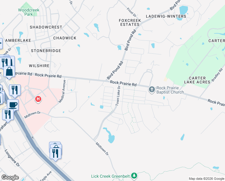 map of restaurants, bars, coffee shops, grocery stores, and more near Town Lake Drive in College Station