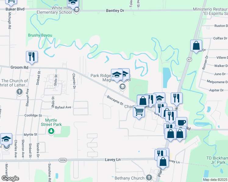 map of restaurants, bars, coffee shops, grocery stores, and more near 5903 Groom Road in Baker