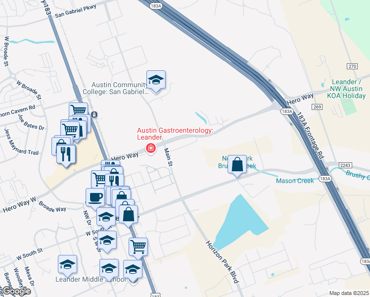 map of restaurants, bars, coffee shops, grocery stores, and more near 1680 Hero Way in Leander