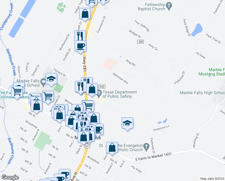 map of restaurants, bars, coffee shops, grocery stores, and more near 718 Claremont Parkway in Marble Falls