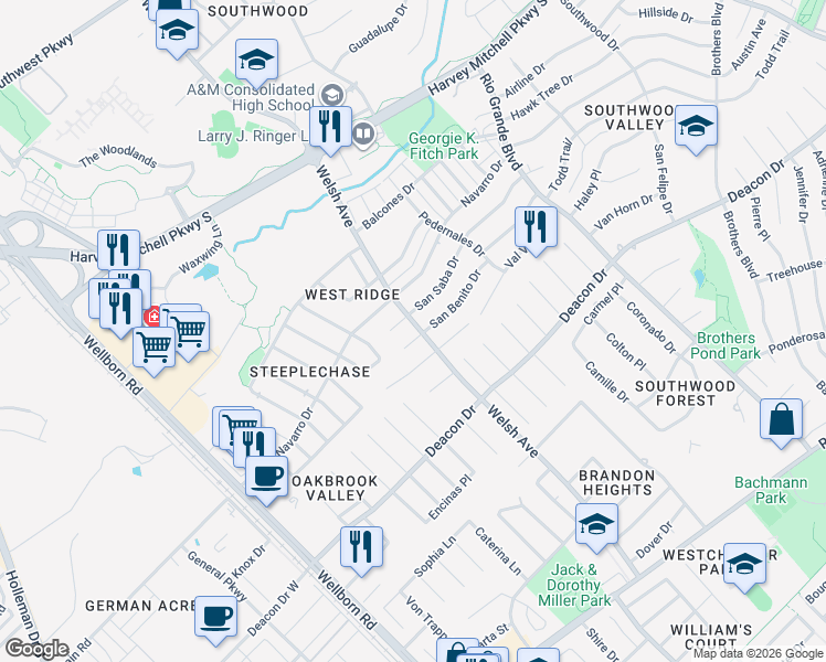 map of restaurants, bars, coffee shops, grocery stores, and more near 645 San Mario Court in College Station