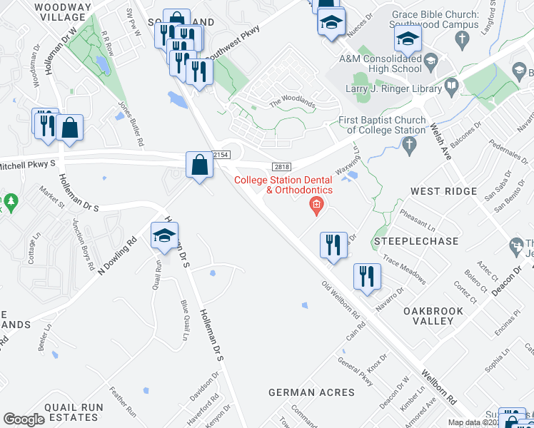 map of restaurants, bars, coffee shops, grocery stores, and more near Wellborn Road in College Station