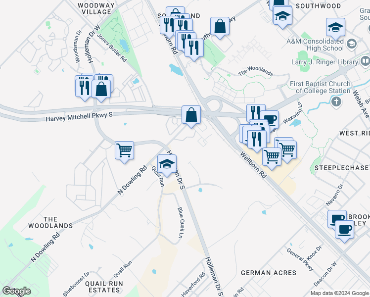 map of restaurants, bars, coffee shops, grocery stores, and more near 103 North Dowling Road in College Station