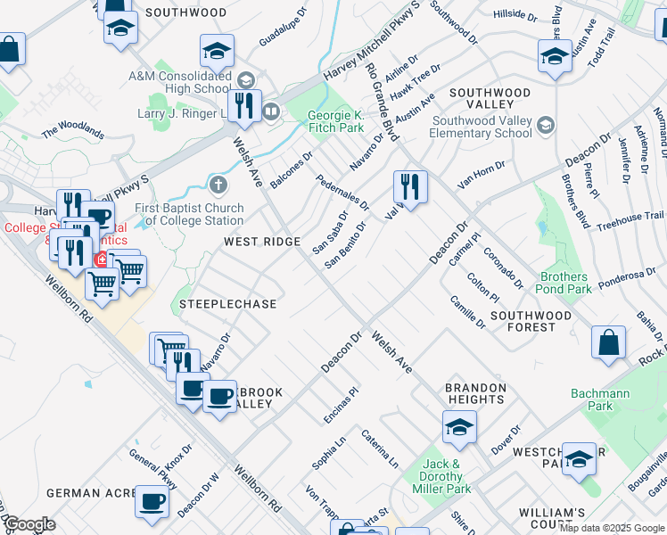 map of restaurants, bars, coffee shops, grocery stores, and more near 645 San Mario Court in College Station