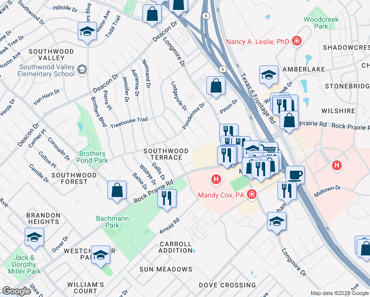 map of restaurants, bars, coffee shops, grocery stores, and more near 1417 Gramma Court in College Station