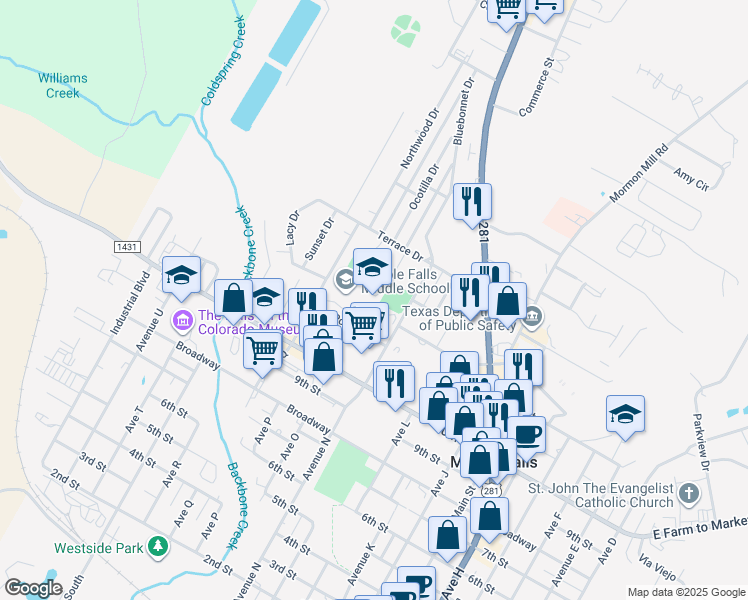 map of restaurants, bars, coffee shops, grocery stores, and more near 1511 Pony Drive in Marble Falls