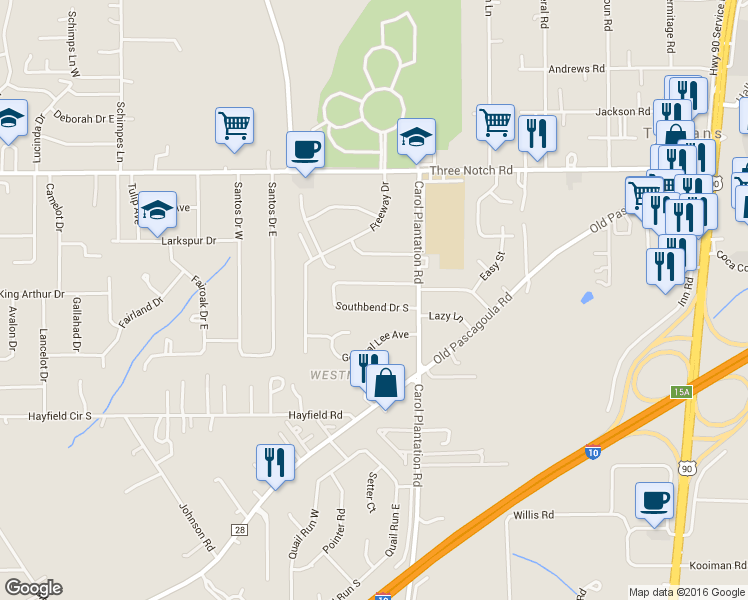 map of restaurants, bars, coffee shops, grocery stores, and more near 6114 Southbend Drive South in Mobile