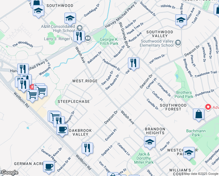 map of restaurants, bars, coffee shops, grocery stores, and more near 714 San Saba Drive in College Station