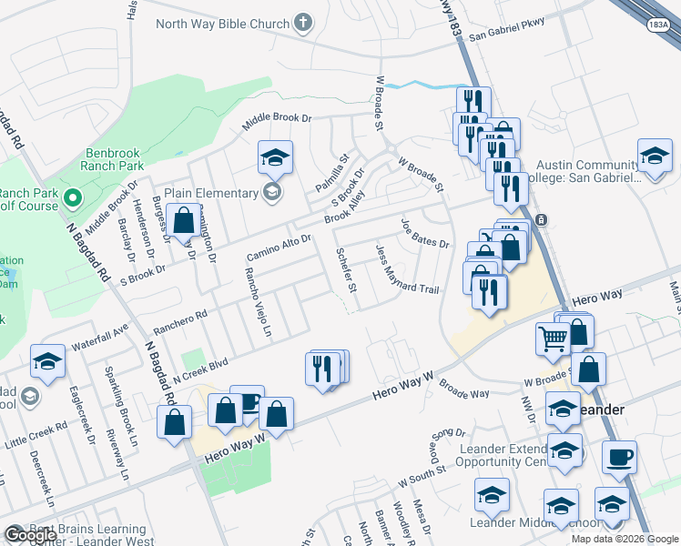 map of restaurants, bars, coffee shops, grocery stores, and more near 601 Flag Lane in Leander