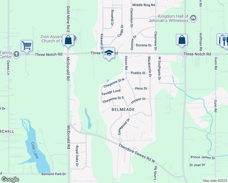 map of restaurants, bars, coffee shops, grocery stores, and more near 8185 Savage Loop in Theodore